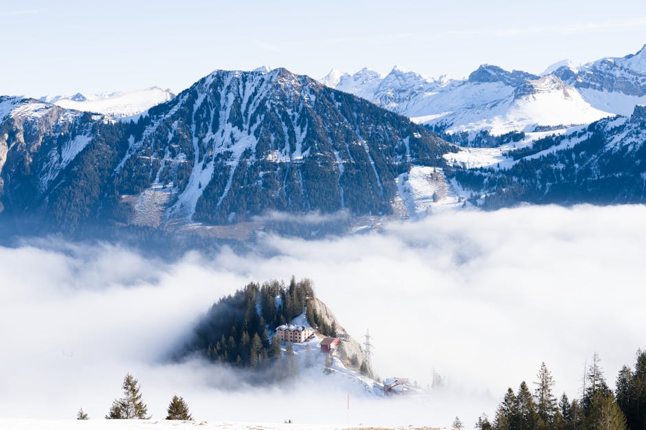 Breathtaking view of the Swiss Alps with a valley shrouded in fog under a clear blue sky.